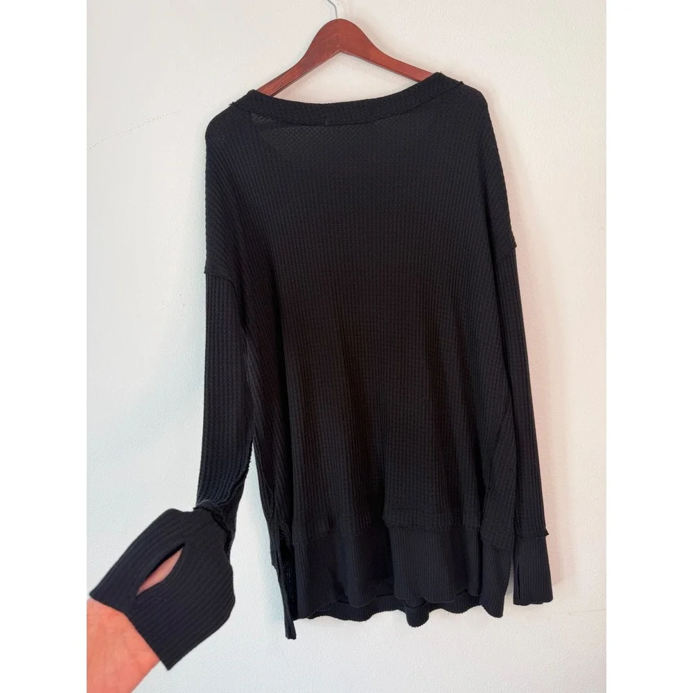 Free People We The Free North Shore Thermal Knit Tunic Top Black Womens Large